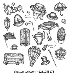 Sketch of London symbols Objects symbolizing England Vector hand drawn illustration of great britain UK elements in victorian vintage old style