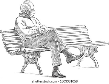 Sketch Of Lonely Old Man In Mask Sitting In Brooding On Park Bench