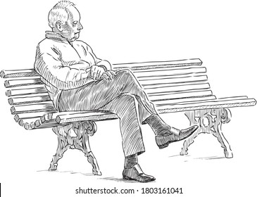 Sketch lonely old man sitting in brooding park bench