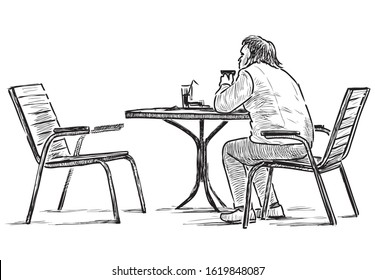 Sketch of lonely townsman sitting in outdoor caffe in wait