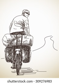 Sketch of long distance cyclist. Back view Hand drawn illustration