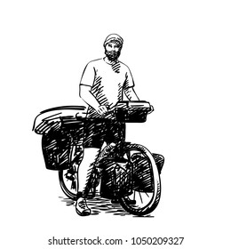 Sketch of long distance cyclist isolated, Hand drawn vector illustration