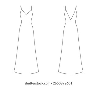sketch of women’s long dress with spaghetti straps, front and back view. Ideal for fashion designers, clothing manufacturers, garment tech packs, or apparel