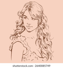 Sketch of a long hair woman vector for illustration, card, decoration