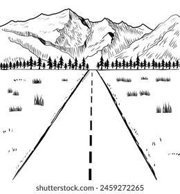 Sketch of Long path with pine trees in the end of the road and Mountain View. Hand drawn Illustration painting