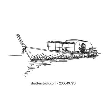 Sketch of Long tail boat, Hand drawn illustration