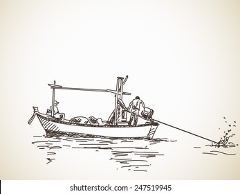 Sketch of Long tail fishing boat, Hand drawn illustration