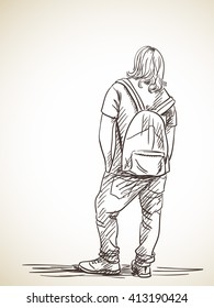 Sketch of long-haired man standing with backpack Back view Hand drawn illustration