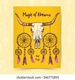 Sketch longhorn and dream catcher in vintage style, vector poster