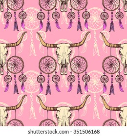 Sketch longhorn and dream catcher in vintage style, vector seamless pattern