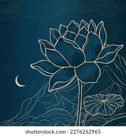 Sketch of a lotus with thin graceful lines against a mountain landscape. Lotus flower on a blue background. Vector illustration.