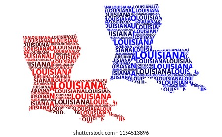 Sketch Louisiana (United States of America, Pelican State) letter text map, Louisiana map - in the shape of the continent, Map Louisiana - red and blue vector illustration
