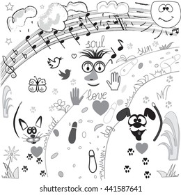 Sketch Love, man, dog, cat, good mood, joy, music, delight, happiness, road, notes, clouds, soul. Doodle set of objects from people life. Vector hand drawn. Good life doodles. Coloring sunshine book.