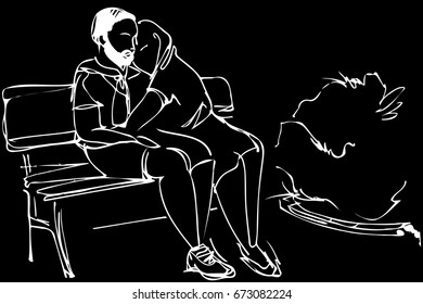  sketch of a loving couple on a park bench