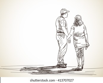 Sketch of loving couple standing and holding hands, Hand drawn illustration