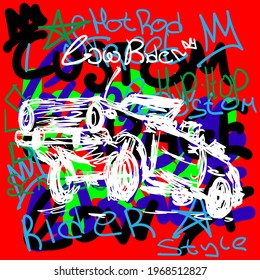 Sketch of lowrider car on background with handwritten text. Drawn by hand. Vector illustration.