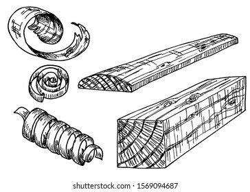 Sketch lumber. Wood logs, shavings, planks. Forestry construction materials hand drawn isolated vector set