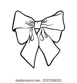 Sketch of lush elegant ribbon bow. Festive sticker, logo, icon, clipart for party. Birthday decorations. Hand drawn illustration.