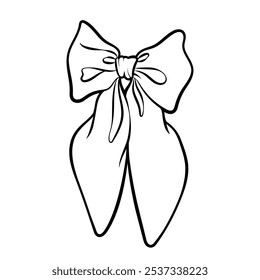 Sketch of lush elegant ribbon bow. Festive sticker, logo, icon, clipart for party. Birthday decorations. Hand drawn illustration.