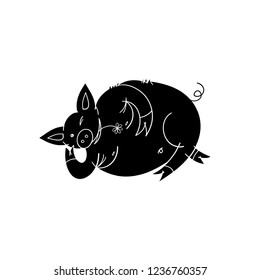 Sketch with a lying pig. Hand drawn vector illustration isolated on white, logo, t-shirt design.