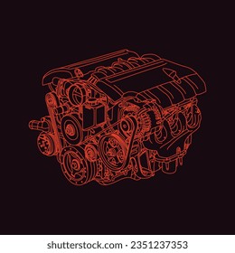 Skizze , Kolbenfahrzeug Vektorgrafik eines geometrischen V8-Motors. Linearer Motor.