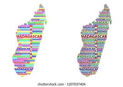 Sketch Madagascar letter text map, Republic of Madagascar - in the shape of the continent, Map Madagascar - color vector illustration