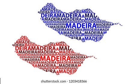 Sketch Madeira letter text map, Island of Madeira - in the shape of the continent, Map Autonomous Region of Madeira - red and blue vector illustration