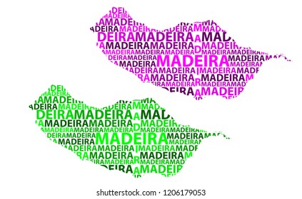 Sketch Madeira letter text map, Island of Madeira - in the shape of the continent, Map Autonomous Region of Madeira - green and purple vector illustration