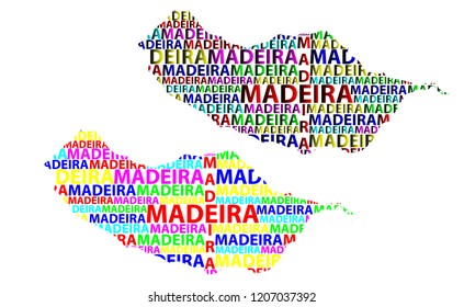 Sketch Madeira letter text map, Island of Madeira - in the shape of the continent, Map Autonomous Region of Madeira - color vector illustration