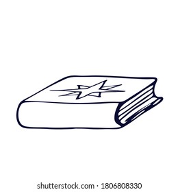 Sketch of Magic book. Witchcraft attributes.  Hand drawn element with magical symbol. Vector illustration in the Doodle style. Isolated object on a white background. 