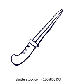 Sketch of magic dagger. Witchcraft attributes.  Hand drawn element with magical symbol. Vector illustration in the Doodle style. Isolated object on a white background.
