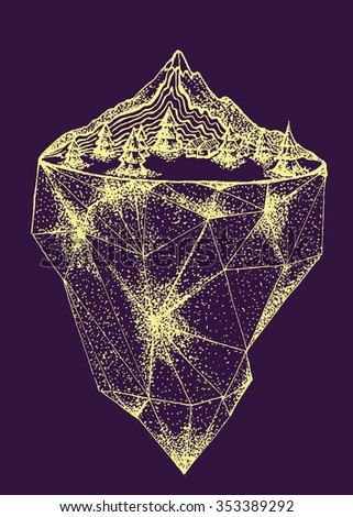 Sketch of magic island.Vector illustration in stippling style with geometric shapes