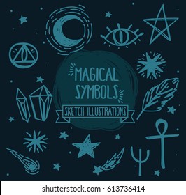 sketch magic symbols, deep blue color, set of vector illustrations