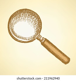 Sketch magnify glass in vintage style, background 