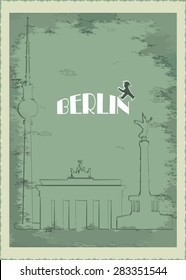 Sketch of main sights of Berlin.Brandenburg Gate, Victory Column, TV Tower.Vintage card.