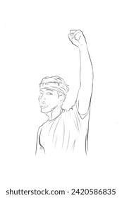 sketch of a male activist voicing enthusiasm, raising his hand and waving a white flag