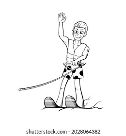 Sketch male athlete on water skiing. Active summer recreation. Man in swimming shorts and safety vest