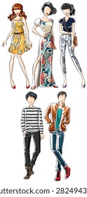 Sketch of male and female in fashionable clothes	