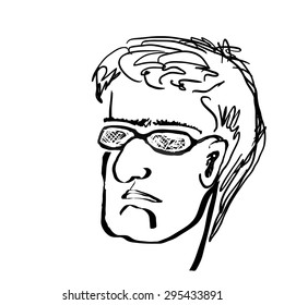 Sketch of the male head.Head of the man wearing spectacles. Vector illustration.