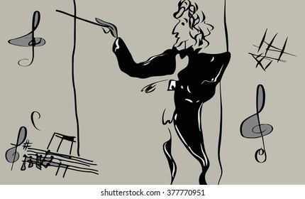 sketch male musician conductor in black coat