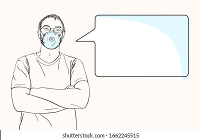 Sketch of man with arms crossed over his chest wearing medical face mask, template for information banner with speech bubble, Hand drawn vector illustration