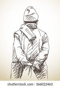 Sketch of man from back with scarf around his neck, Hand drawn illustration