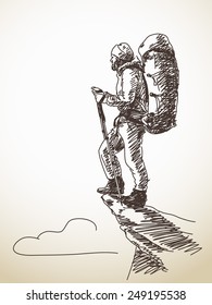 Sketch of man with backpack on top of mountain Hand drawn vector illustration