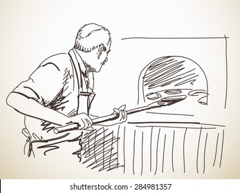 Sketch Of Man, Baking A Bread, Hand Drawn Illustration