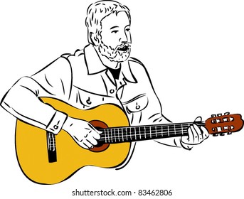 sketch of a man with a beard playing a guitar