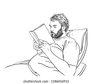 Sketch of man with beard is reading book and sitting comfortable on armchair, Hand drawn vector linear illustration