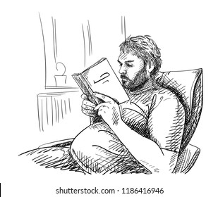 Sketch of man with beard is reading book and sitting comfortable on armchair in room, Hand drawn vector illustration with cross-hatching