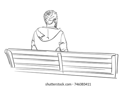 Sketch man and beard sits bench  View from behind  Hand drawn vector illustration isolated white background