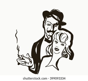 sketch of a man with a black mustache, a hat, smoking a cigarette in his hand and a woman with short hair on the head