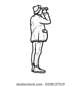 Sketch man boy guy shoot picture of something with his Camera Professional White Background vector modern illustration